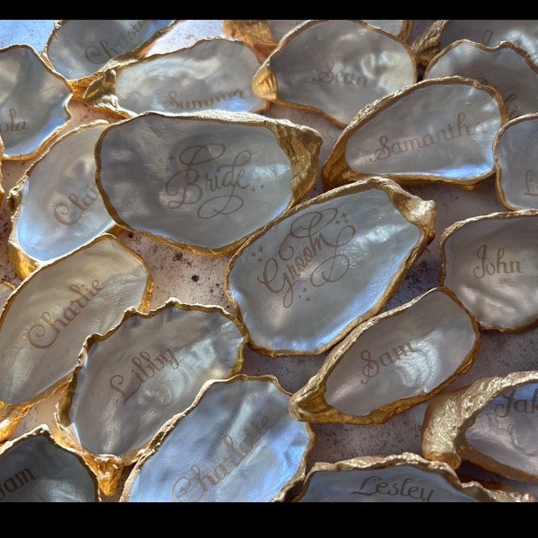 Antique Gold Oyster Shell Wedding Name Cards. Personalised Place Cards ...