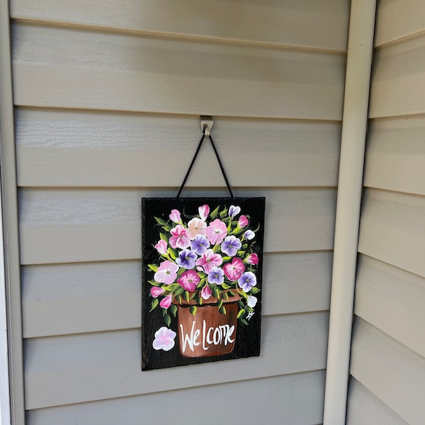 Painted Spring Welcome Slate Sign: Floral Door Hanger - Etsy