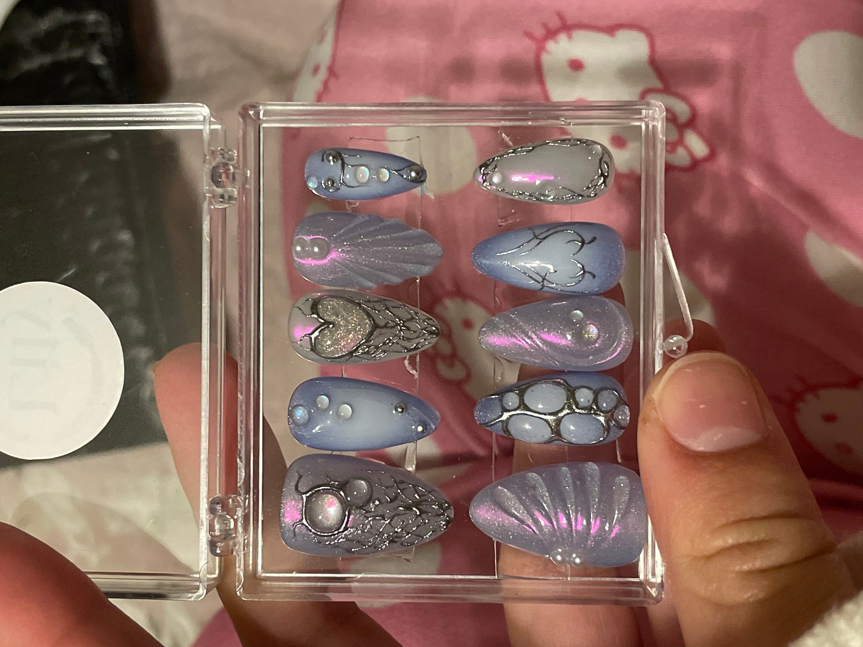 Free Style Blue Mermaid Almond Press On Nails, Handpainted Fake/False Nails, Prom/Event/Birthday Nails, Goth/Gothic/Y2K/Aura Nai
