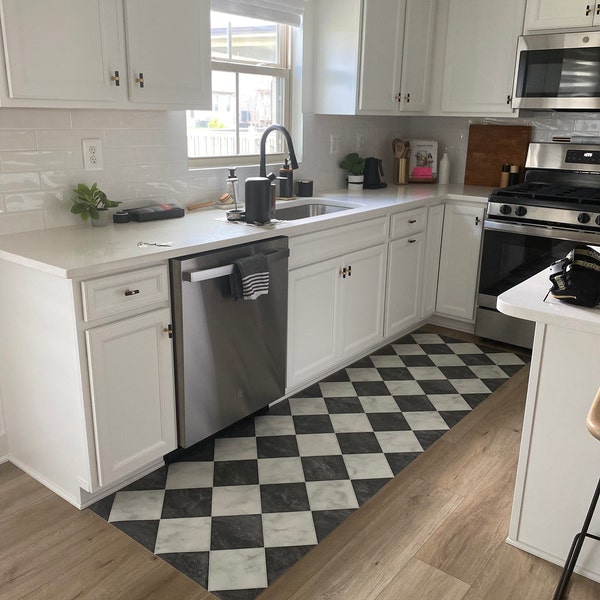 Checkered Kitchen Floor Mat, Black and White Vinyl Rug, Patterned ...