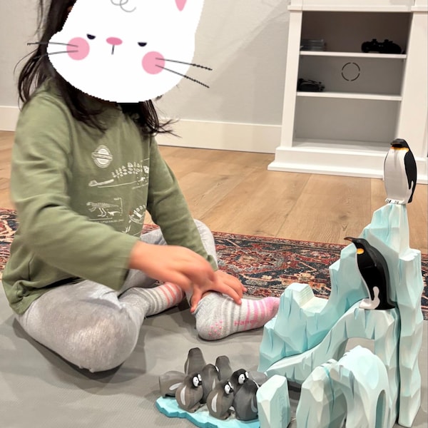 Handmade Wooden Penguin Toy Set | Montessori Ice Cliffs - Etsy