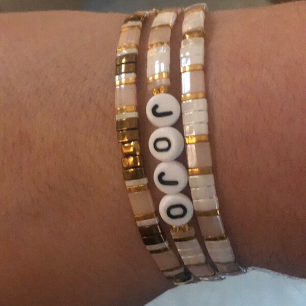Custom Name Bracelet, Tila Bead Bracelet, Flat Bead Bracelet, Stretch ...