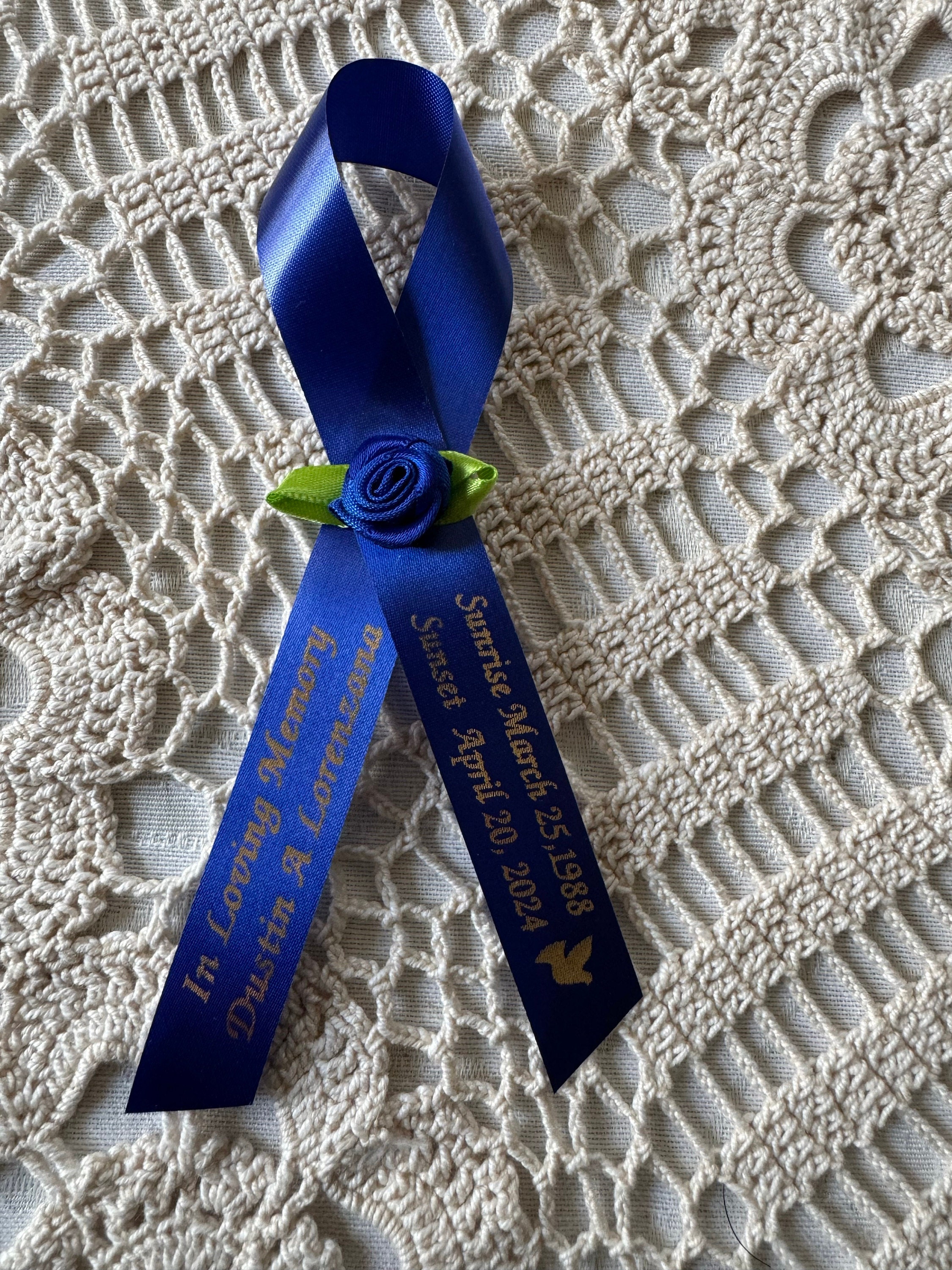 Personalized Memorial Ribbons with Pins for Funeral or Celebration of Life Assembled Fundraiser Awareness Ribbon - Rose Center Decoration
