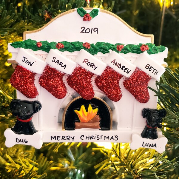 Family of 5 Personalized Fireplace Christmas Ornament With 2 Custom ...