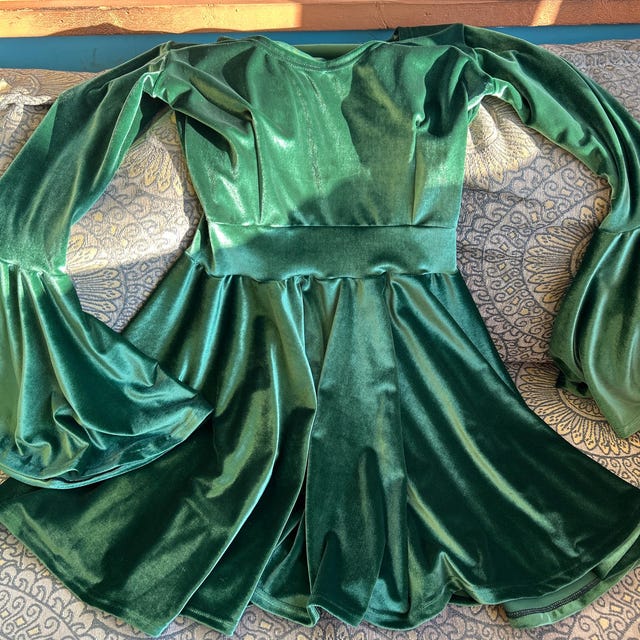 emerald green velvet skater dress Forest Trumpet Sleeve With Scoop Neckline ED1903-1-BLUE