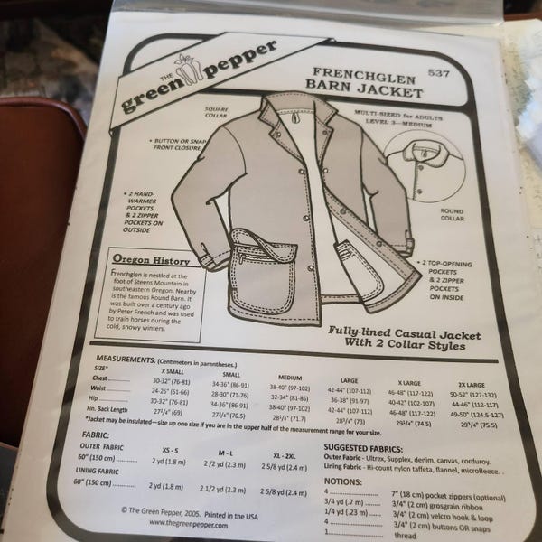 Adults Frenchglen Barn Jacket Coat Outerwear Cold Weather #537 Sewing ...