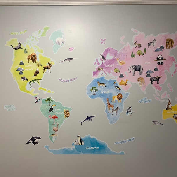 Animal World Map Wall Decal, Kids Nursery Decor, Peel and Stick - Etsy
