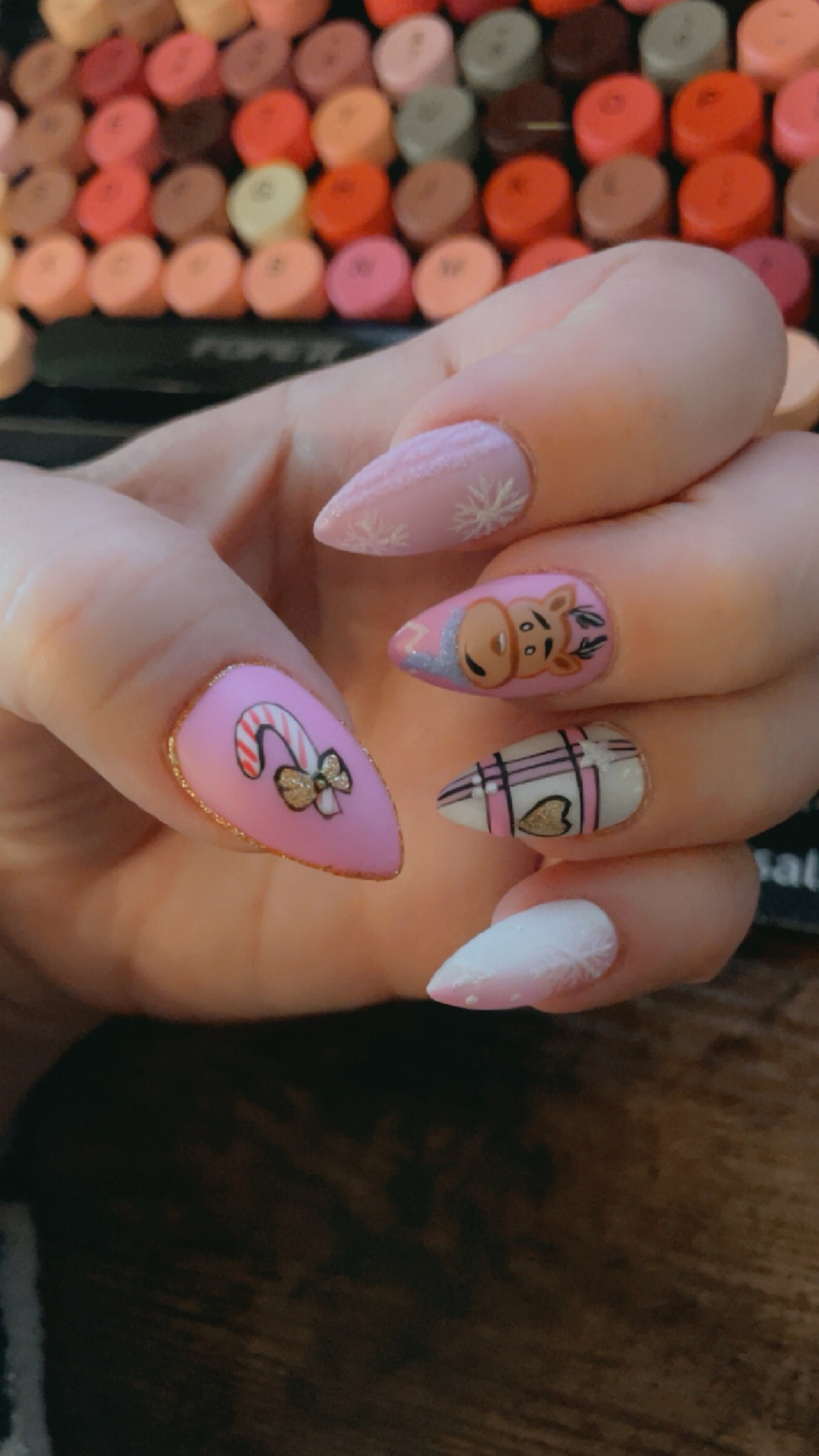 Christmas Reindeer Press On Nails | Pinky Fake Nails | Luxury Stiletto Nail Set | Matte Elegant Gift Nails K174