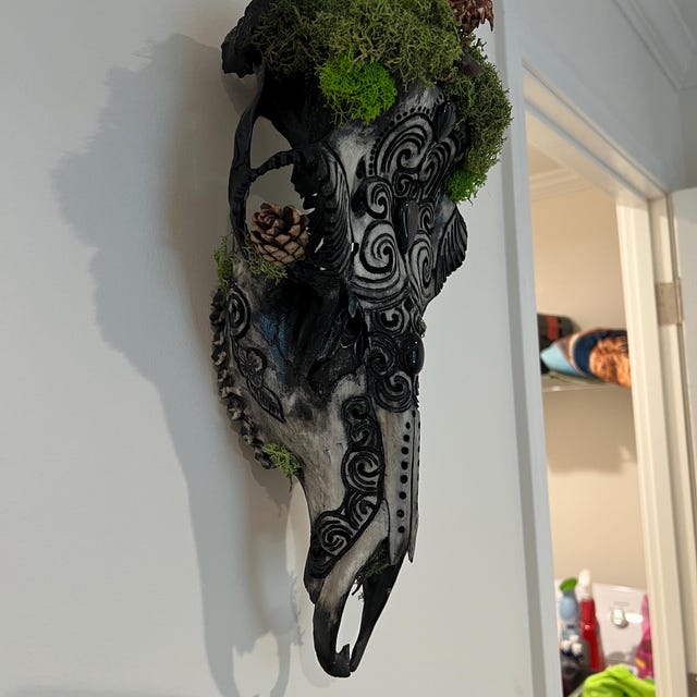 Engraved Deer Skull Art: Moss, Onyx & Tiger Eye Stone Ornament - Etsy
