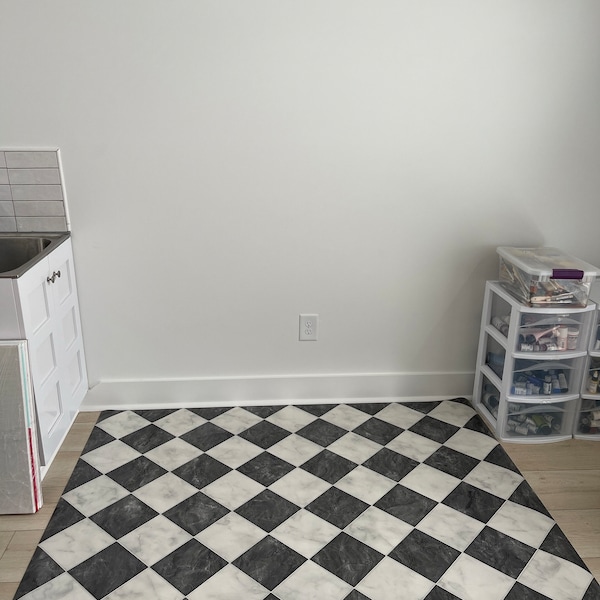 Checkered Kitchen Floor Mat, Black and White Vinyl Rug, Patterned ...