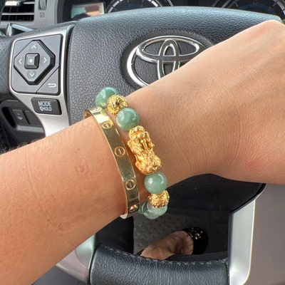 Green Burma Natural Jade Beads Bracelet With Gold Plated Feng Shui