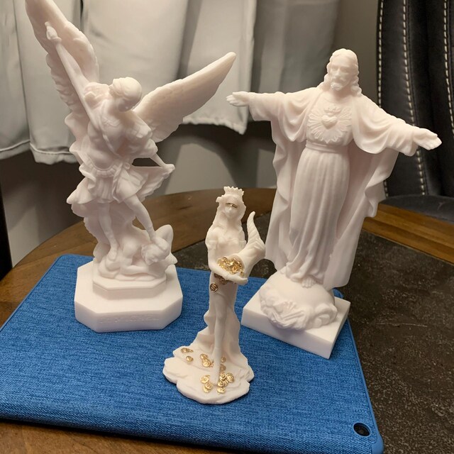 Saint Michael Statue Tramples Satan Made of Alabaster 23cm White