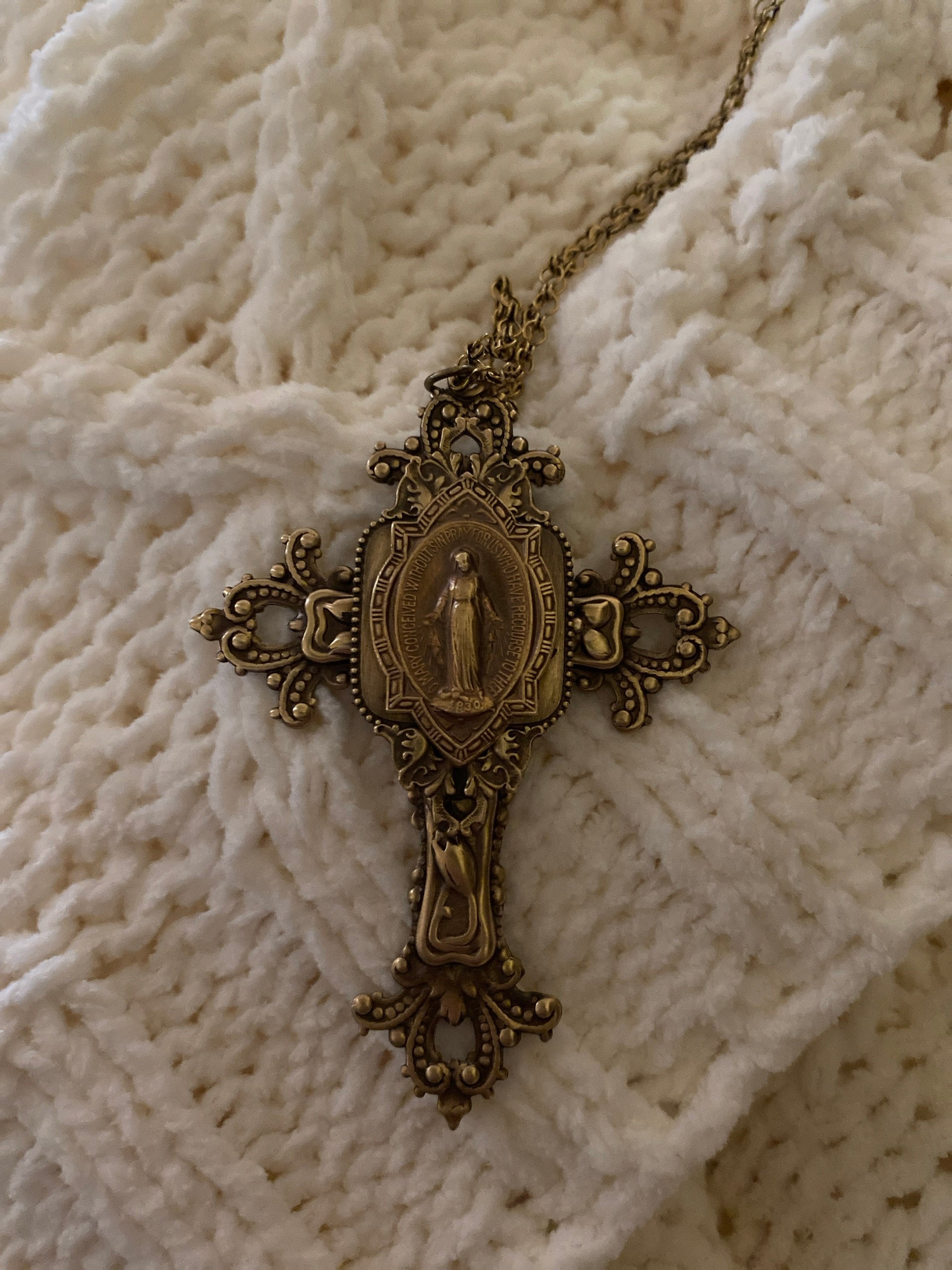 Vintage Jewelry - Large Cross Necklace - Mother Mary Necklace - Catholic Necklace - Brass Statement Necklace - Chloe&#39;s Vintage Jewelry