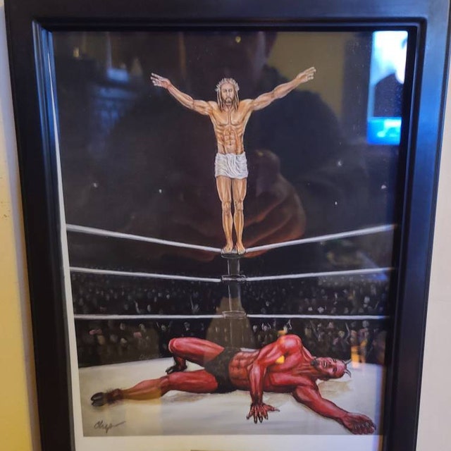 Jesus Beats the Devil in a Pro Wrestling Match Jesus on the Top Rope in the T  Pose Ready to Slam Satan Artist Signed Print. Handmade 