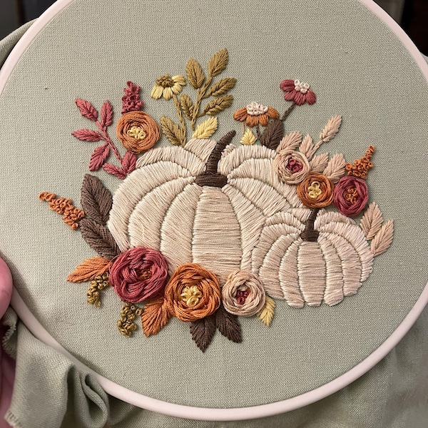 PDF Pattern+ Video Tutorial/pumpkin Among the Flowers-hand Embroidery ...