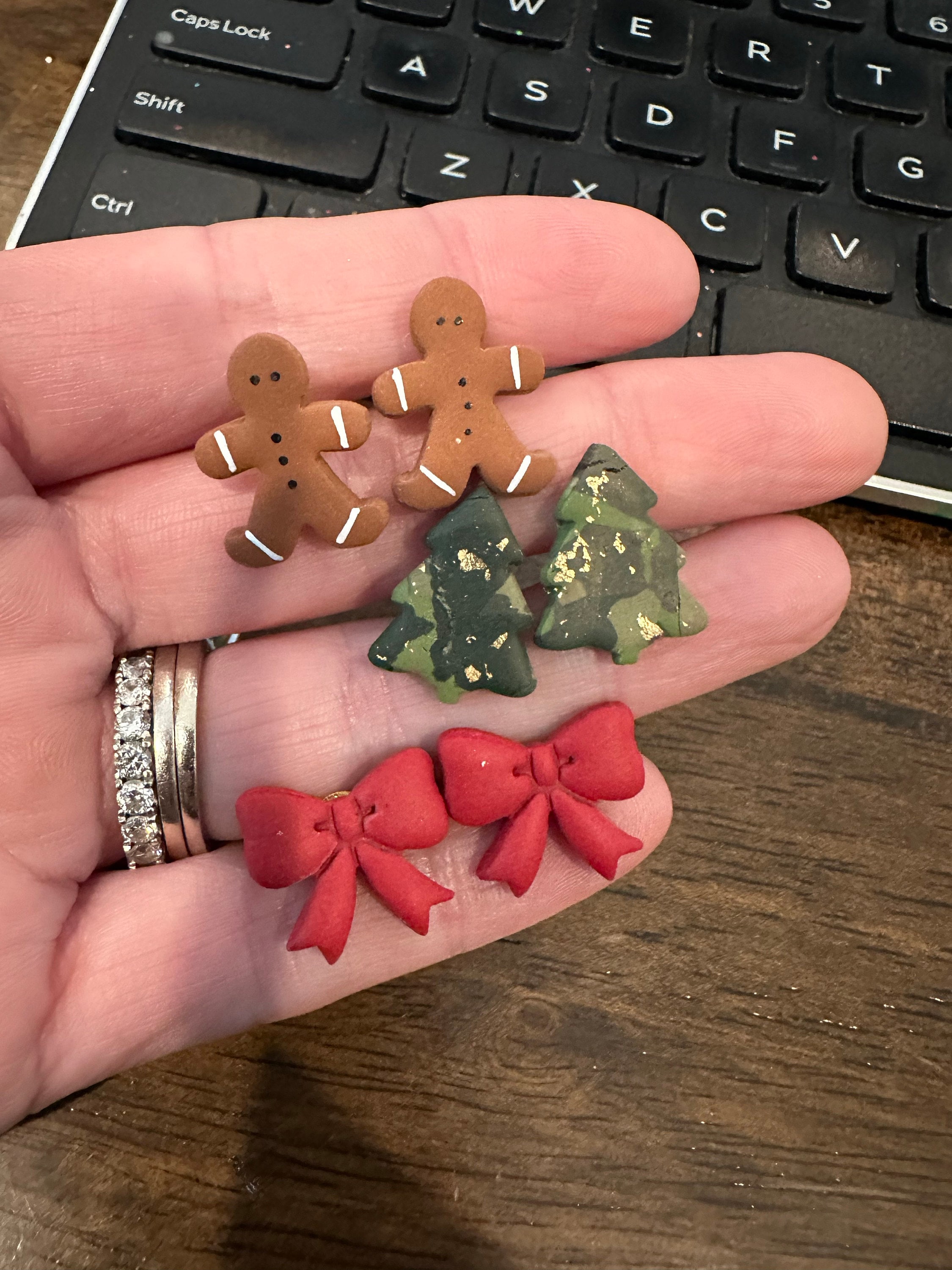 Holiday Studs | snowflake mocha latte coffee cup tree gingerbread man candy cane knit mitten holly leaf Bow polymer clay Christmas earrings