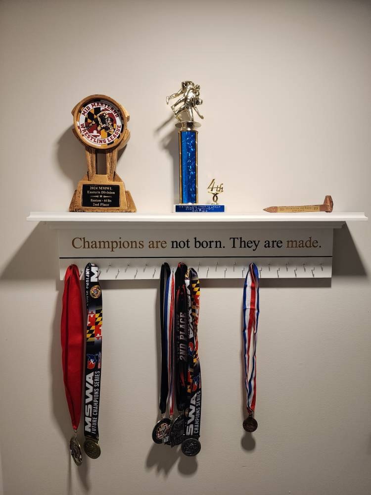 Medal Holder Champions Engraved Trophy Shelf Ribbon Holder Medal Hanger Award Display Personalized gift Trophy Rack Sports Award Display 30"