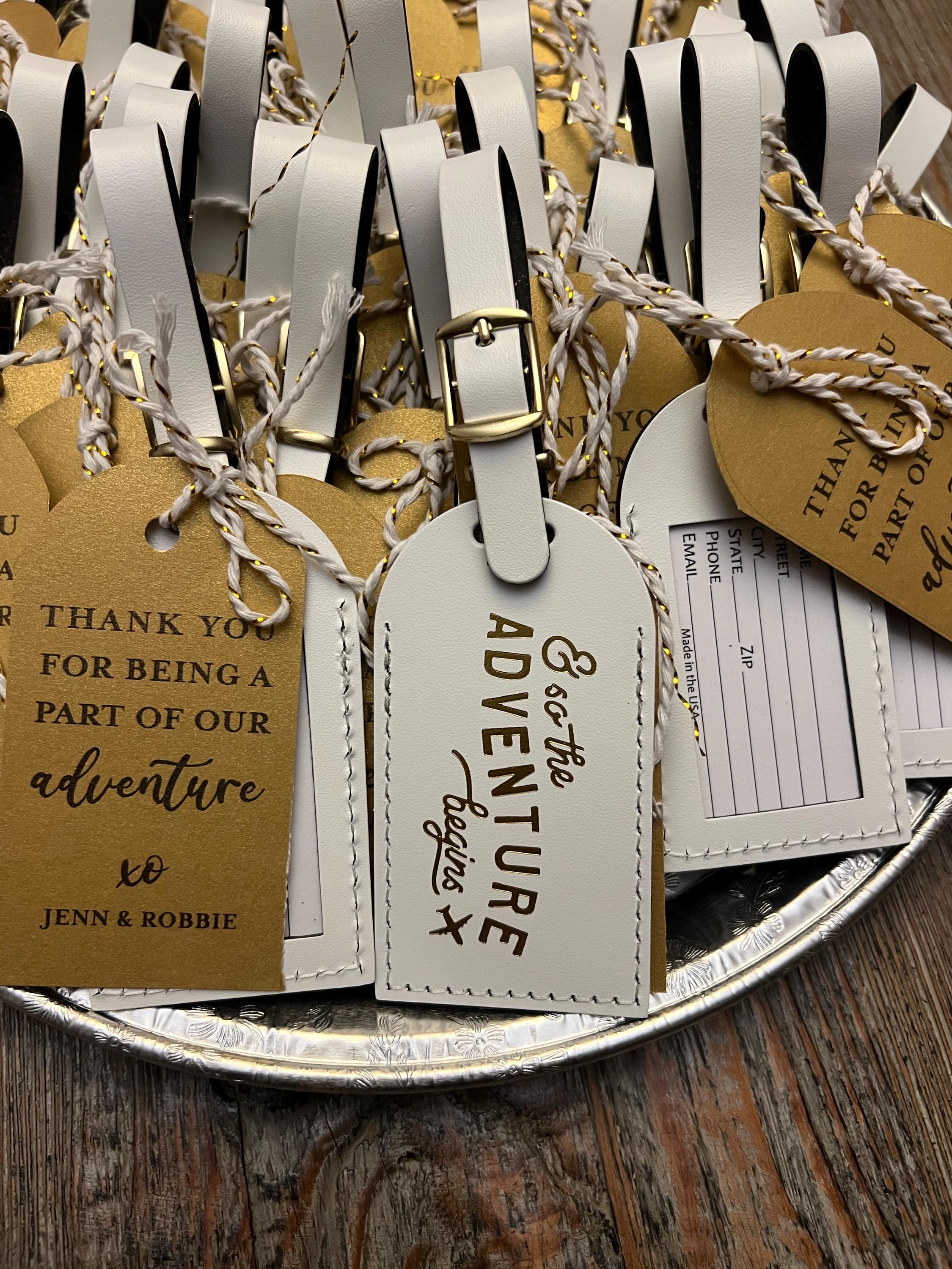 Bulk Wedding Favors Luggage Tags Unique Gifts, Bridesmaid Gift, Save the Date, or Bridal Party Shower - And So the Adventure Begins Travel