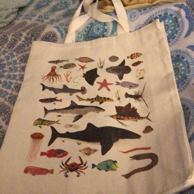 Seattle Fish Market Tote Bag – Natural Canvas Reusable Shopping Bag, Medium Size