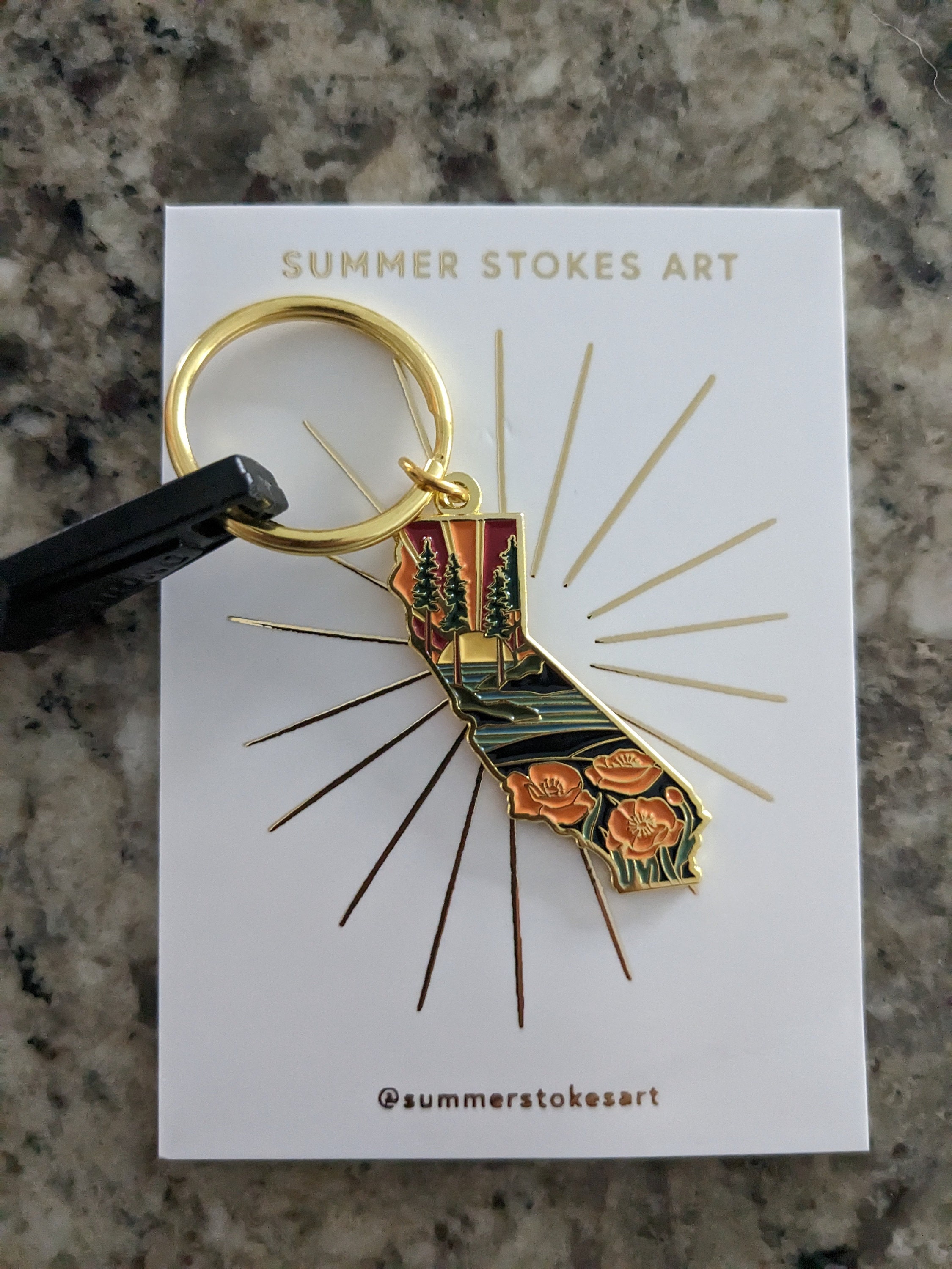 California Poppy Soft Enamel Keychain 1.5&quot; | California Outline Key Ring | Illustrated State Keychain
