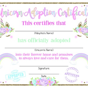 Unicorn Adoption Certificate Unicorn Birthday Printable | Etsy Canada