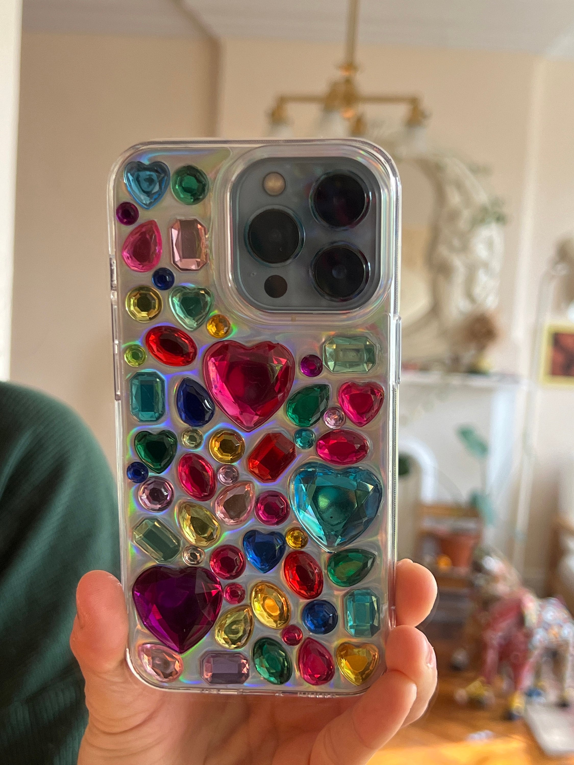 Bling Rhinestone 3D Phone Case, Holographic Insert Phone Case, Glitter iPhone Case, Hearts Phone Case for iPhone 12/13/14/15 Pro Max, Galaxy