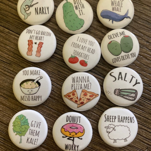 Funny 1 Pin Assortment Choose 5 Pins Taco, Whale, Sloth, Pizza, Kale, Miso,  Puns, Pineapples, Flamingo, Buttons, Badges 