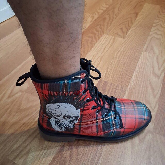 Punk Rock Boots Skull Red Black Tartan Style Vegan Leather Lace up