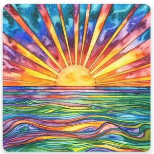太陽の水 - オリジナル絵画の水彩画プリント、日没、日の出