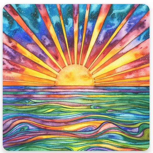 太陽の水の水彩画：海の日の出の絵画 - Etsy 日本