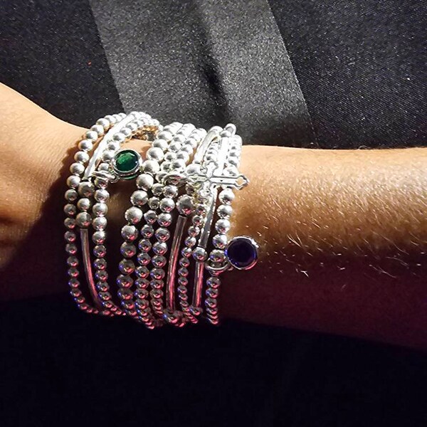 Inka 925 Sterling Silver stretch beaded Stacking Bracelet with Dragonfly charm | UK