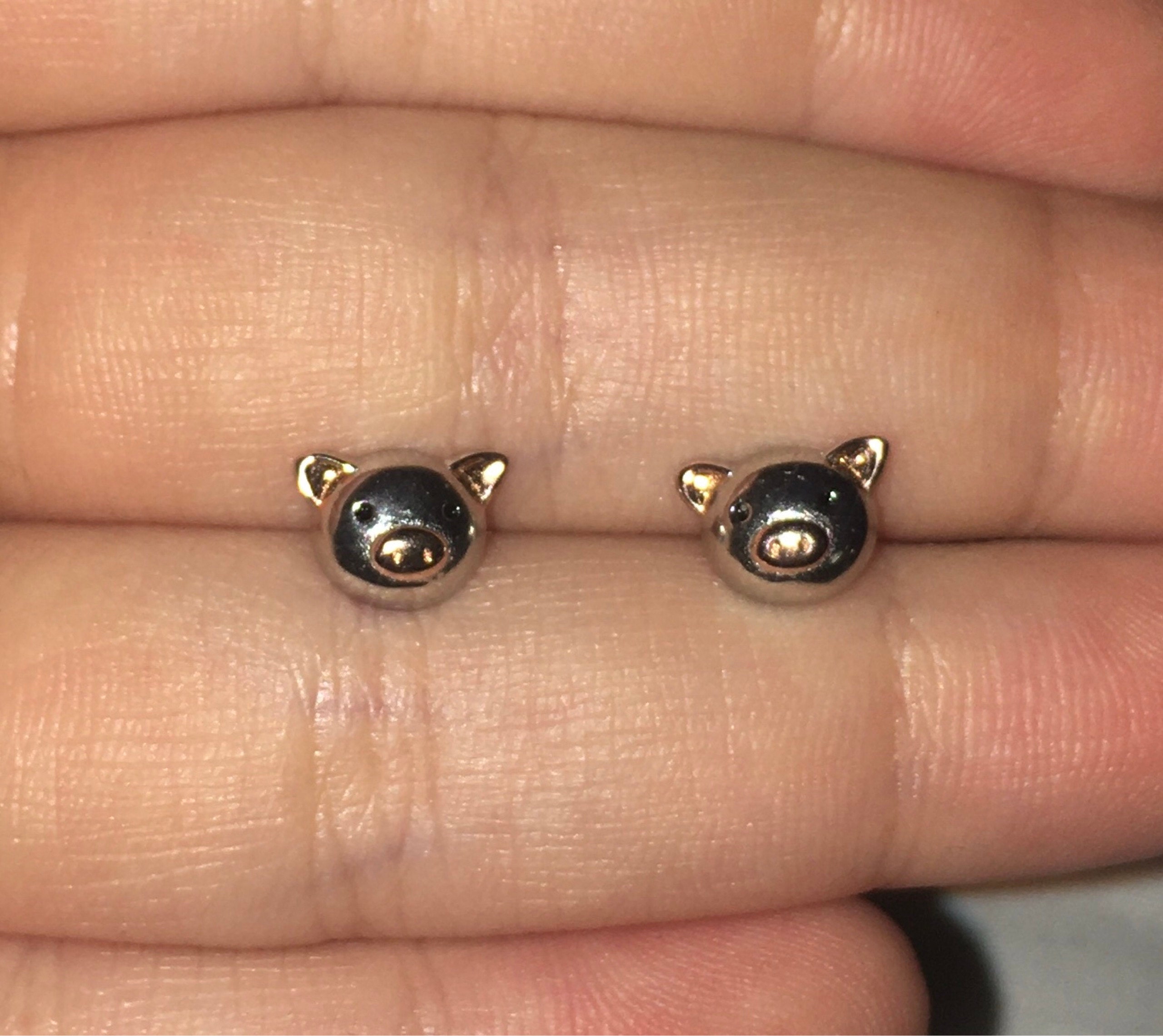 Cute Little Pig Stud Earrings in Sterling Silver - Silver and Rose Gold - Farm Animal Earrings - Whimsical and Pretty Jewellery