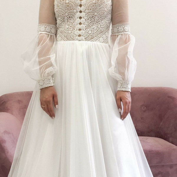 High Neck Long Sleeves Wedding Gown Lace Wedding Gown Custom Wedding