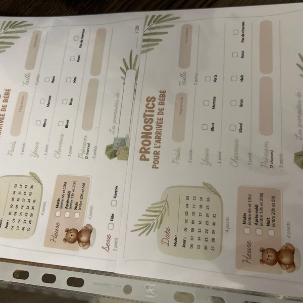Jeu baby shower cartes de pronostics naissance bébé à remplir Jeu baby shower cartes de pronostics naissance bébé à remplir