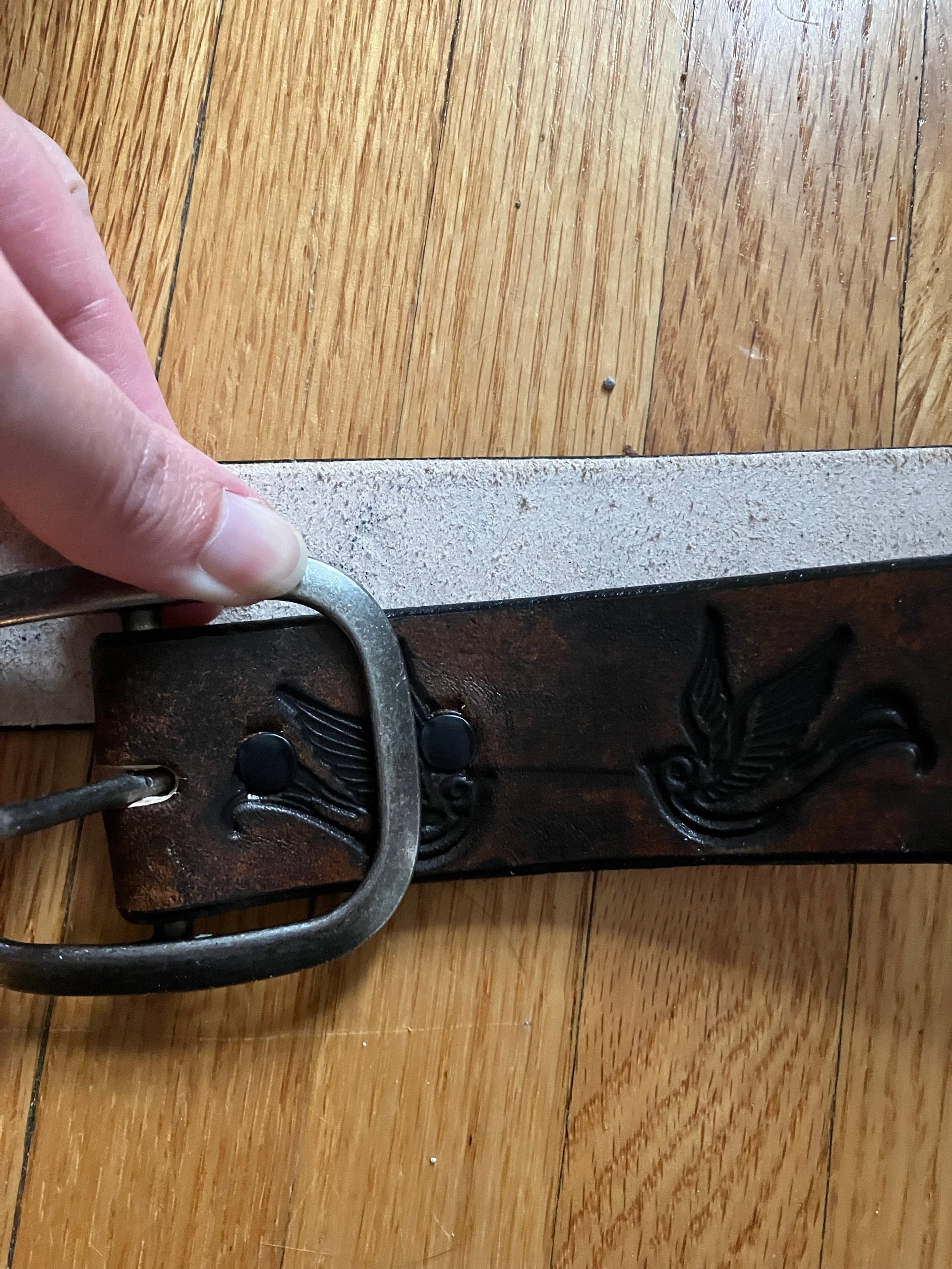 Leather Belt Sparrow Vintage Aged Leather belt - embossed sparrow snap belt  Handmade in USA Groomsmen Wedding Swallow Bird Tattoo Flash Art
