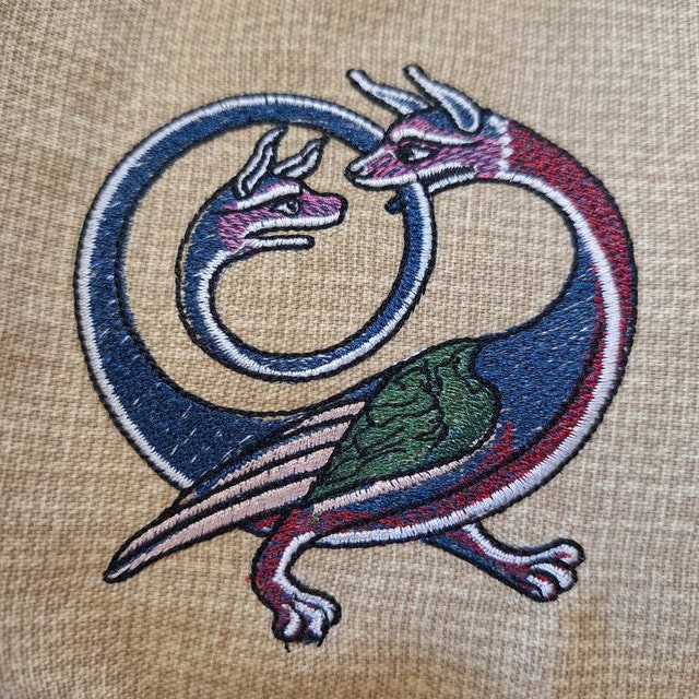 アンフィスバエナ刺繍デザイン：中世の動物寓意画（4x4インチ、5x5