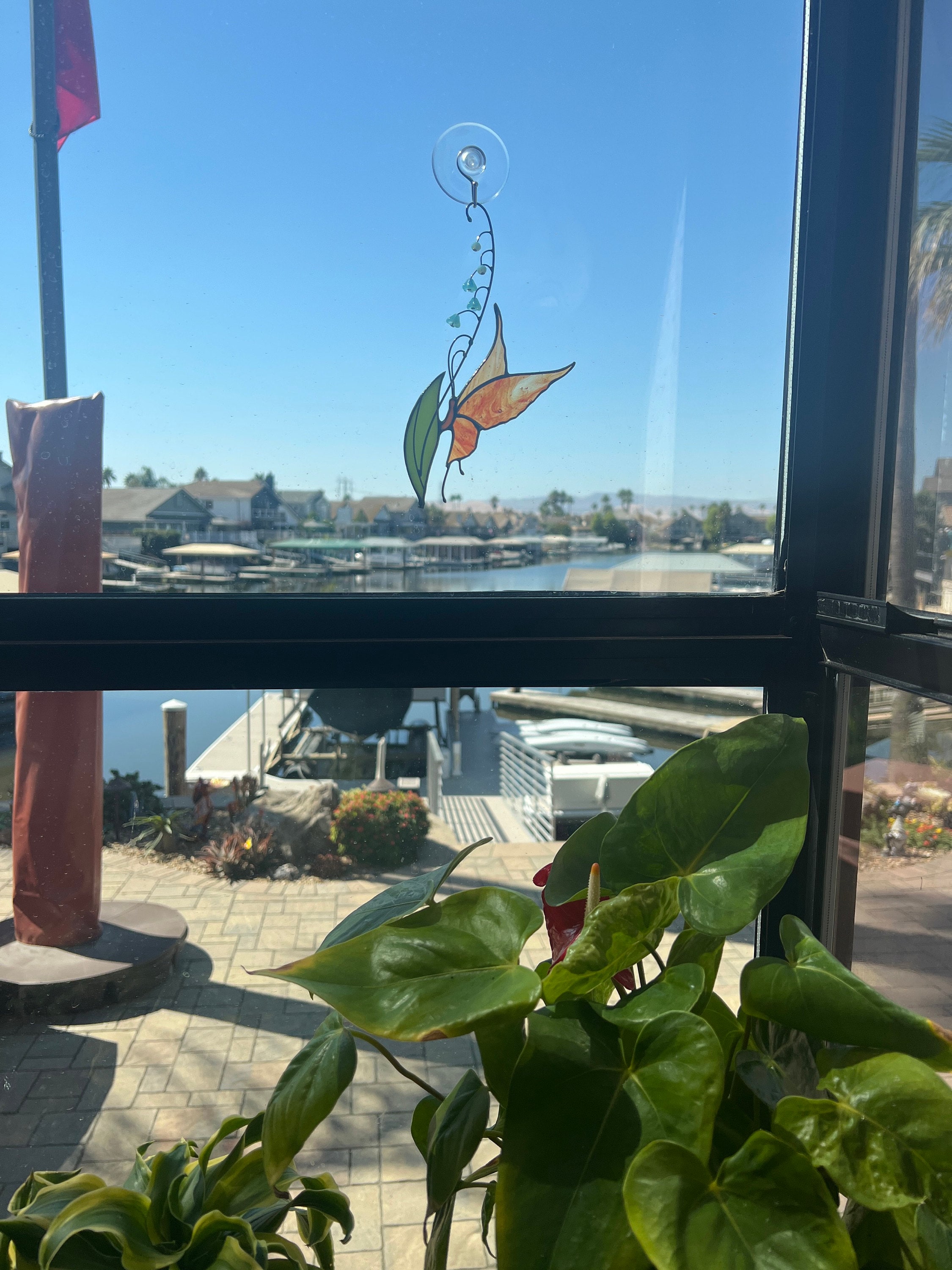 Stained glass Butterfly decor - Garden stake and Suncatcher 2 in 1 - Butterfly plant stake on metal rod - Thank You Gift for Mom