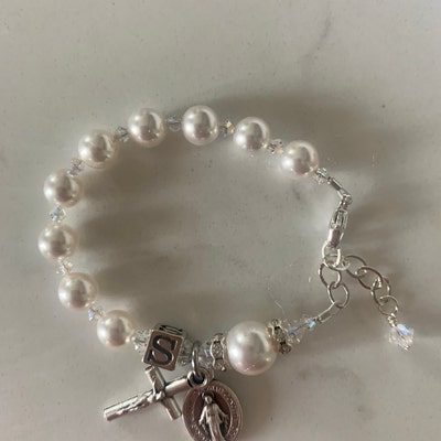 Baby Girl Baptism Gift All White Rosary Bracelet With Sparkly Crystals ...