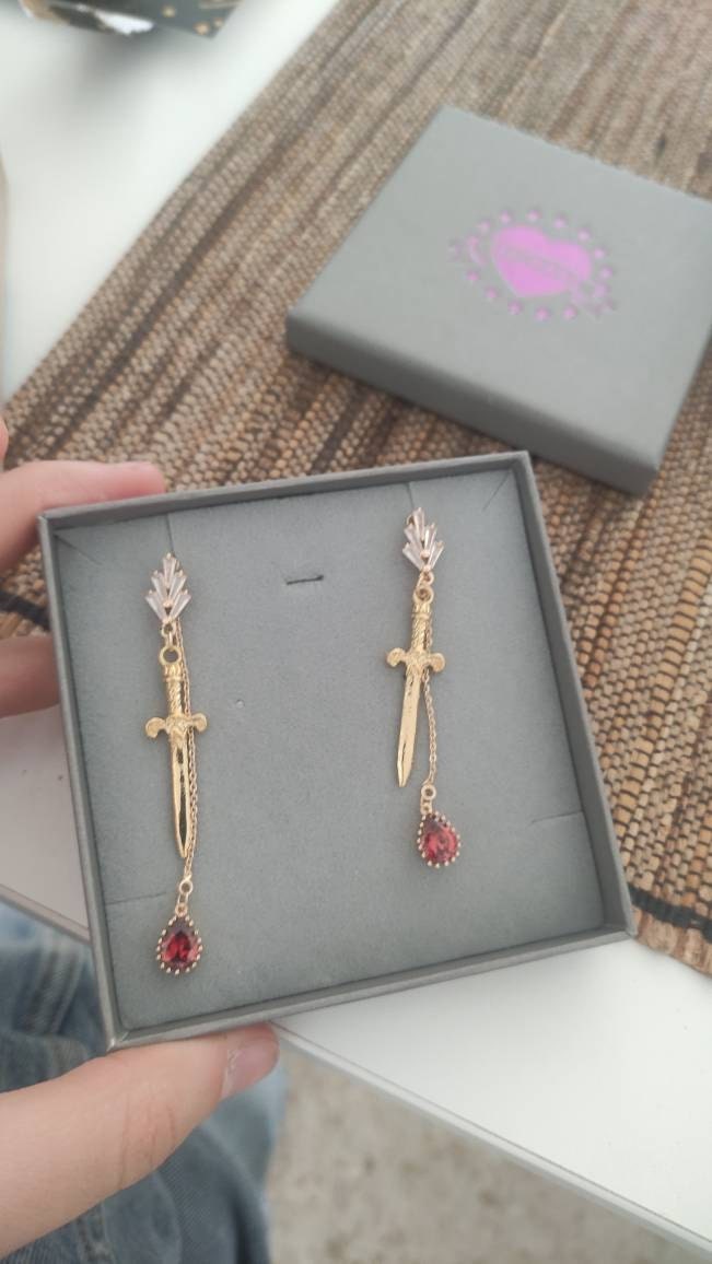 Sword and Blood Drop Dangle 2 Way Earrings / Gold,Silver, Black Deep Red Teardrop Earrings