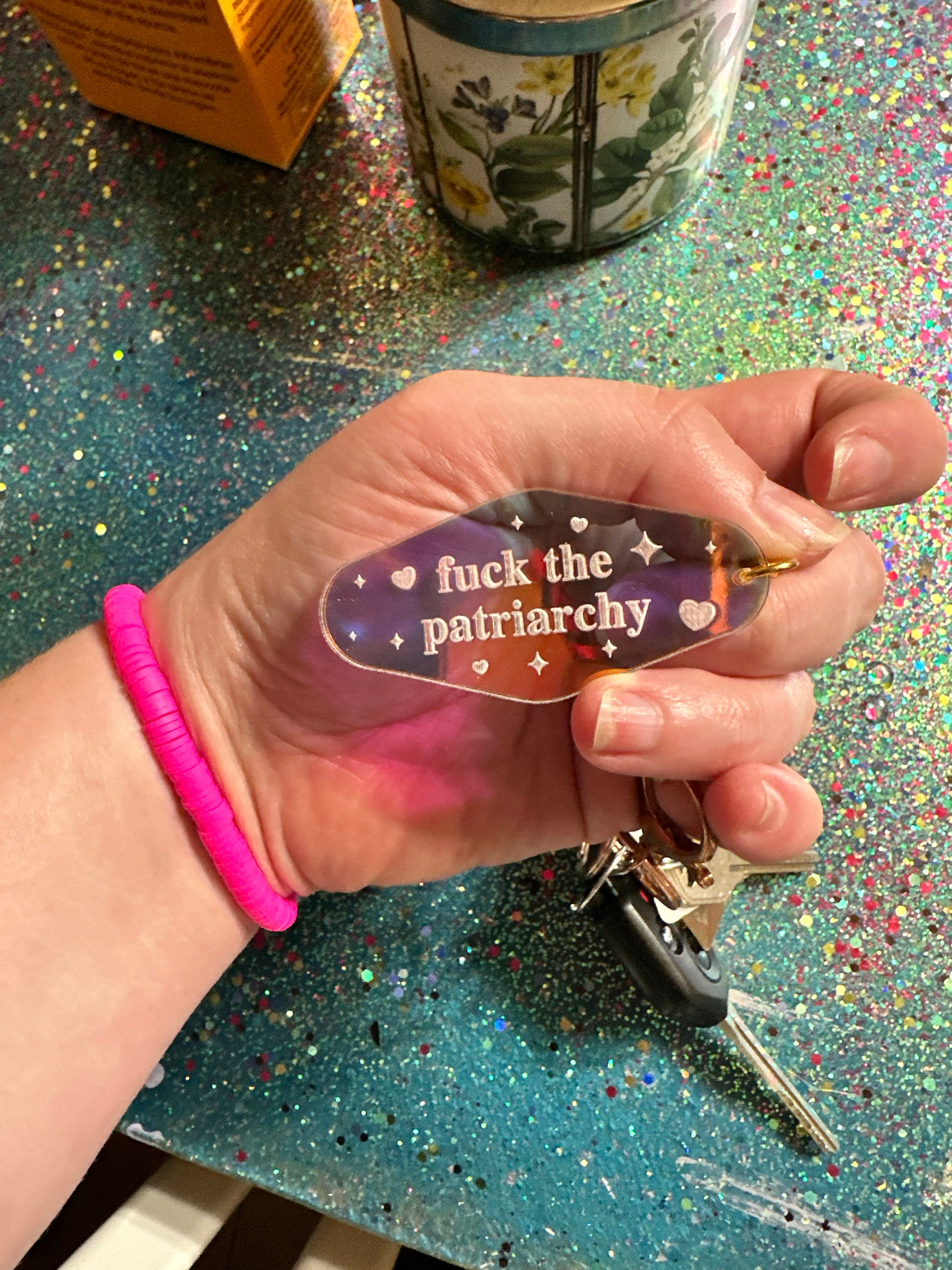 Fuck The Patriarchy Iridescent Acrylic Motel Keychain