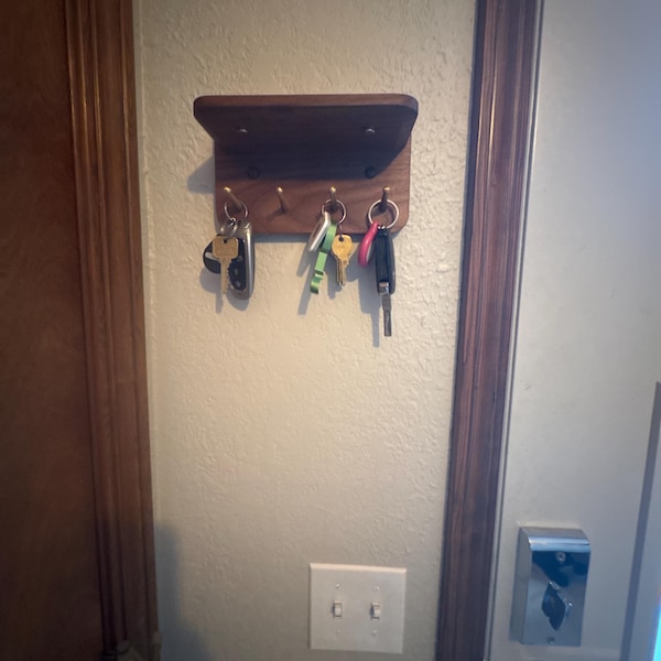 Walnut Key Rack Walnut Key Rack With Shelf: Magnetic Key Holder & Brass Hooks - Etsy