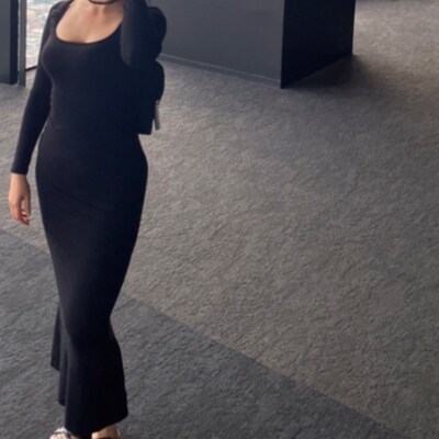 Long Sleeve High Slit Satin Skirt Matching Set - Black