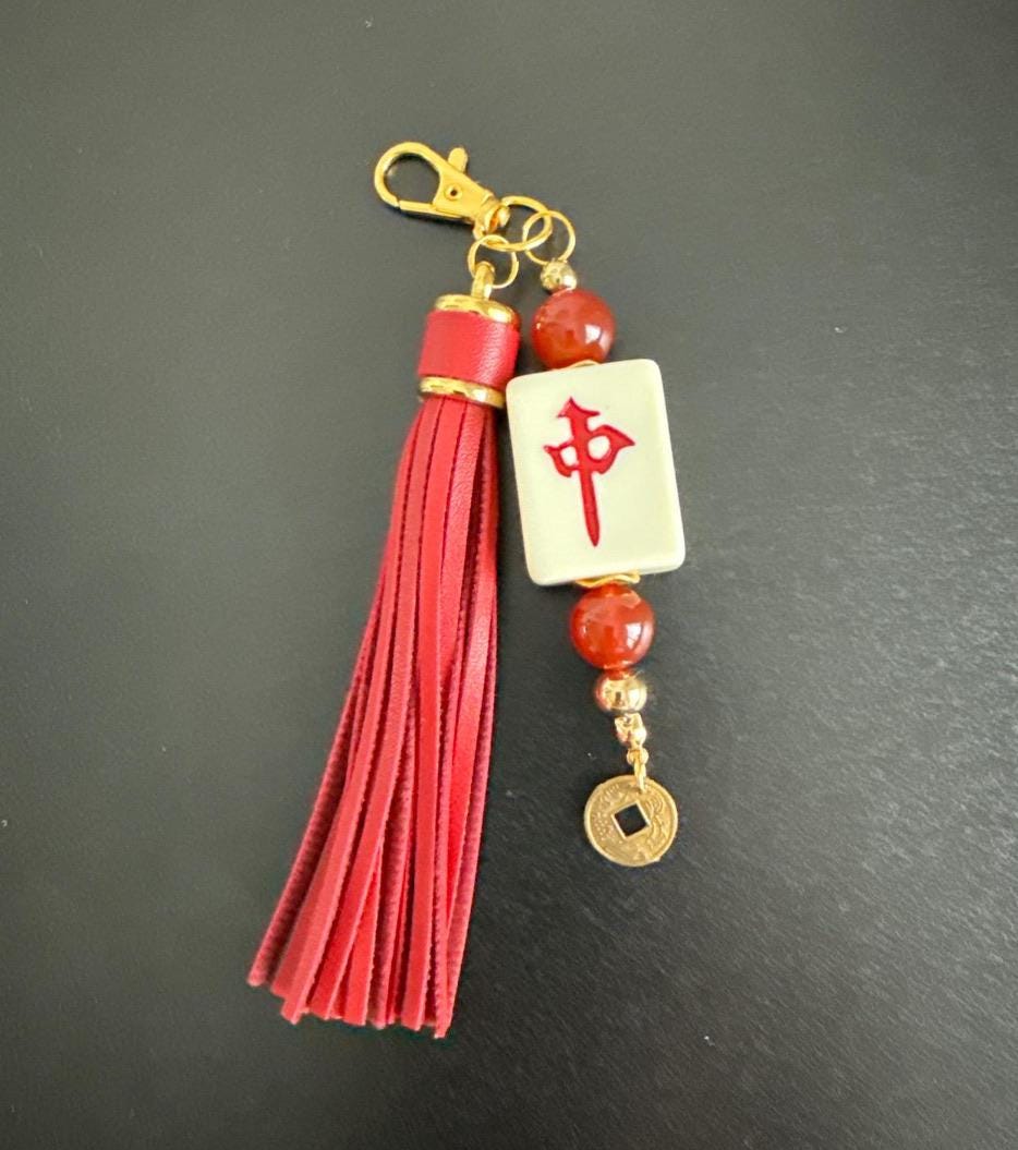 Handmade Mahjong Tile Bag Charm With Tassel, Mixed Beads Keychain Accessory, Cute Gift For Mahjong Lovers