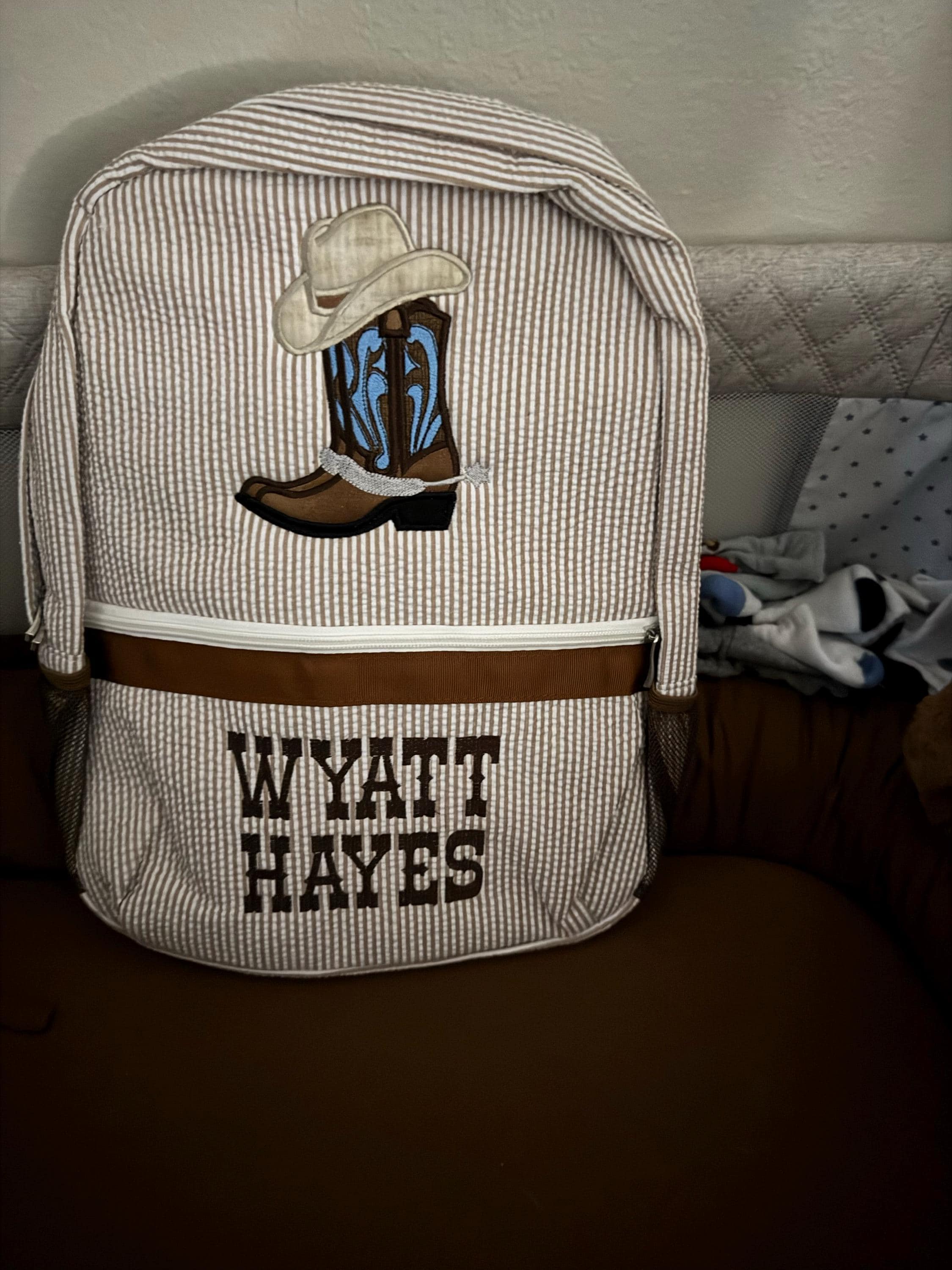 Monogram seersucker backpack, brown cowboy seersucker backpack, boy birthday gift, diaper bag, baby shower gift