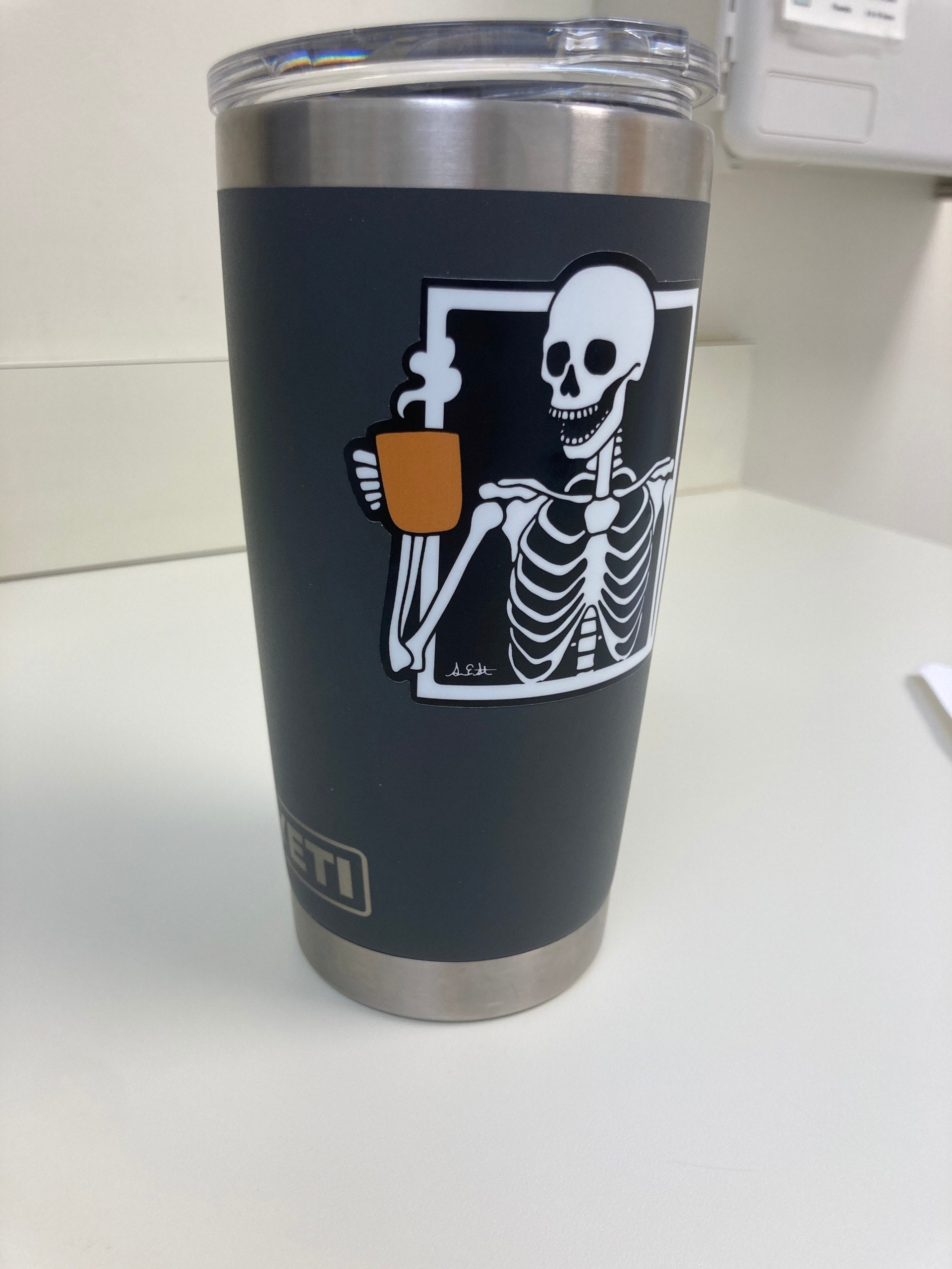 Skeleton Drinking Coffee Durable Sticker | High Quality Bumper Sticker | Laptop sticker | Water Bottle Sticker | 3&quot;
