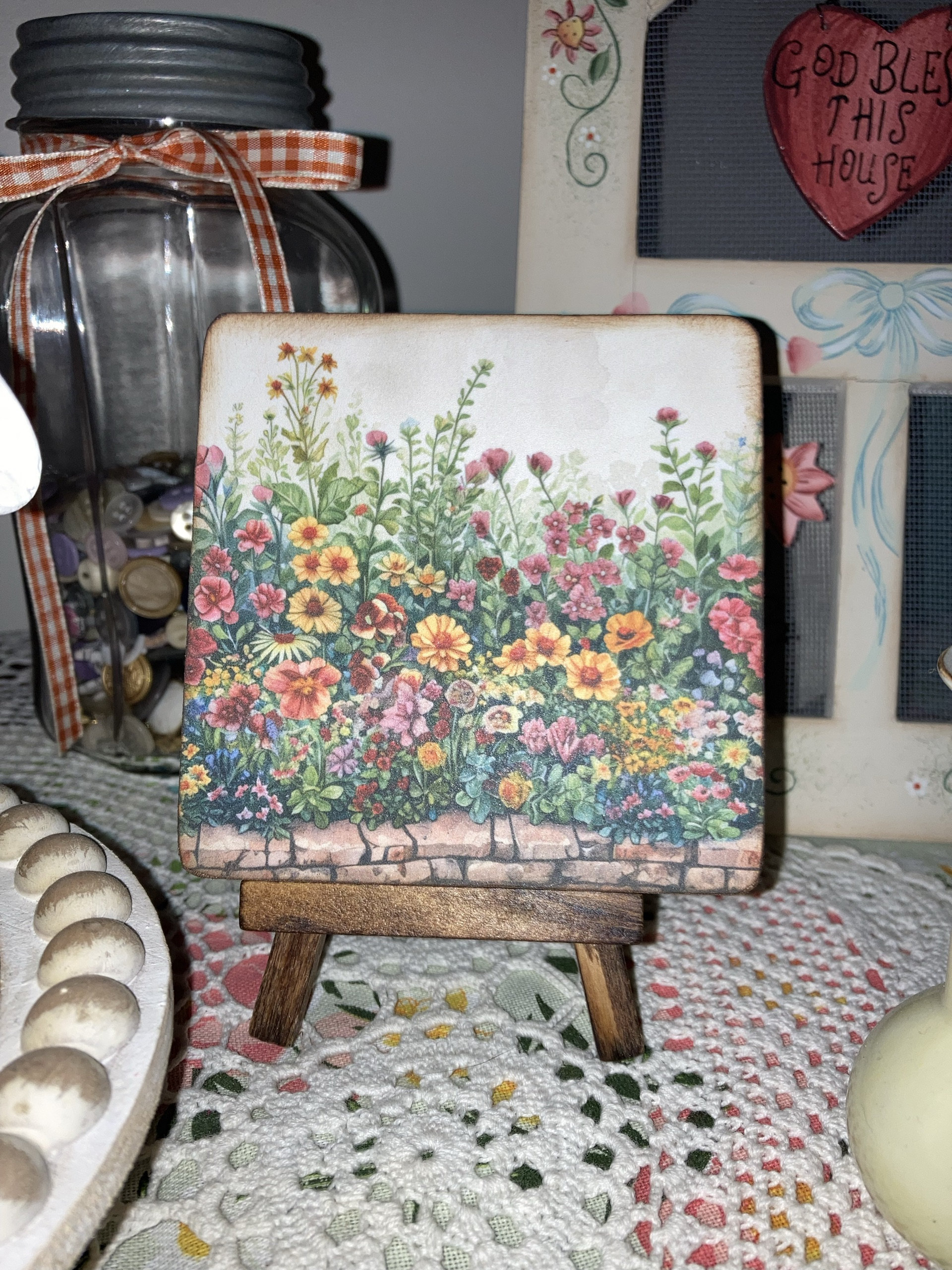Summer floral wood signs with easel,mini art, summer decor, tiered tray, desk art, handcrafted gift,windowsill art, Mother&#39;s Day gift, bike