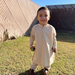 Boys White Kurta Shalwar with Golden Embroidered Waistcoat - Traditional Outfit 1-7Y