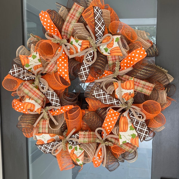Fall Thanksgiving Mesh Front Door Wreath - Orange Brown Burlap Wreath ...