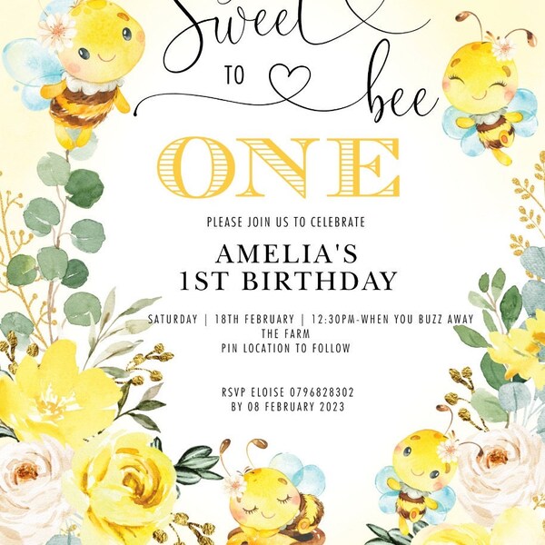 Editable Honey Bee 1st Birthday Invitation, Bumble Bee Party Invite, so ...