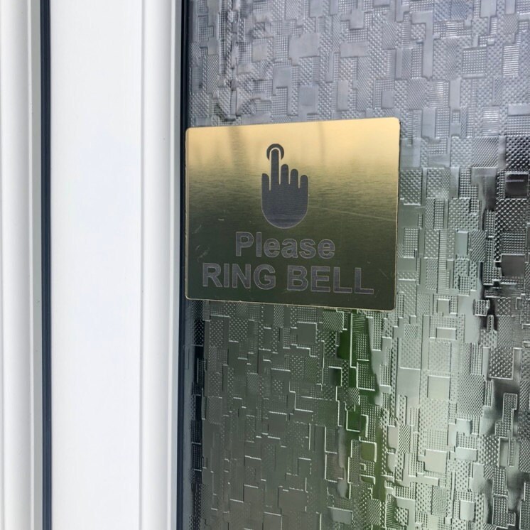 Black Size 12cm x 10cm Please Ring Bell Sign Adhesive Sticker Notice SILVER//GOLD//BLACK engraved with Universal Icon Symbol and Text